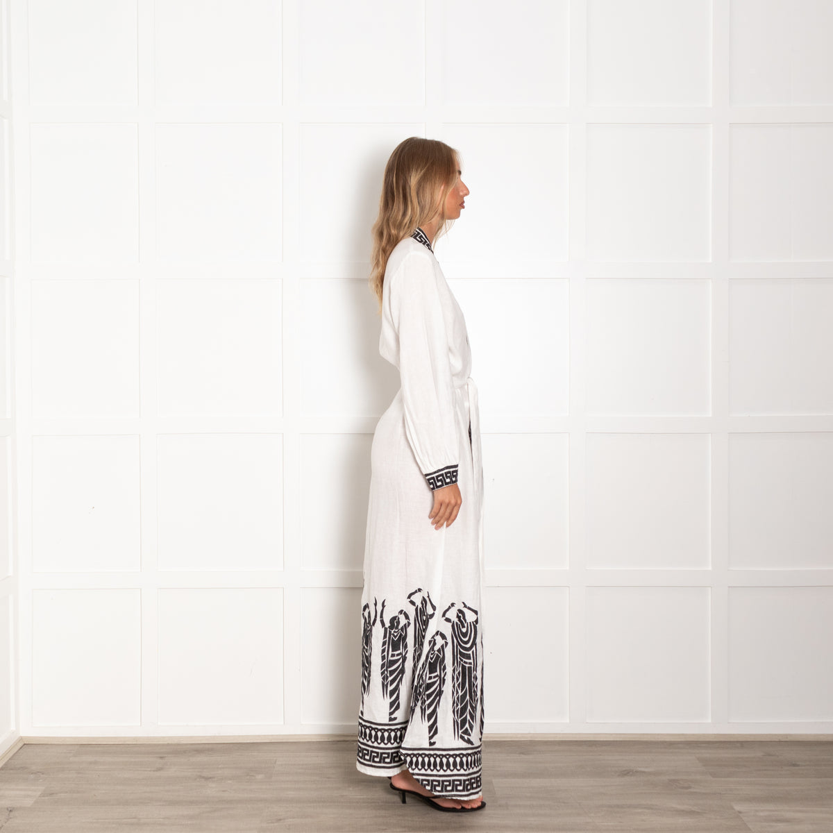 Greek Archaic Kori White Black Embroidery Maxi Kaftan Dress