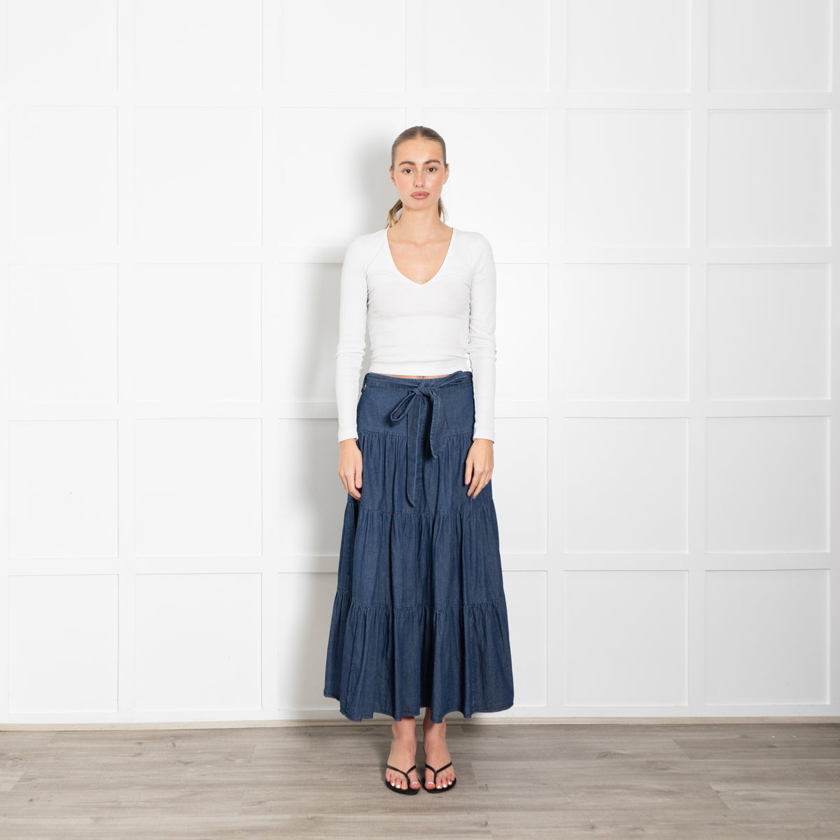 Kate Spade Blue Denim Tired Belted Maxi Skirt
