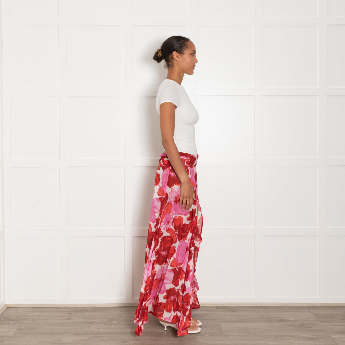 Evarae Pink and Red Floral Crepe Wrap Skirt