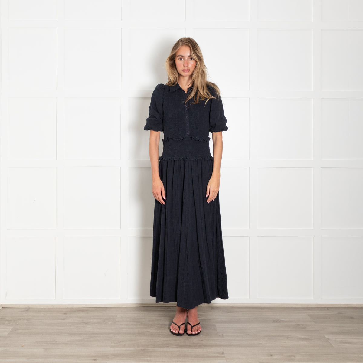 Me + Em Navy Shirred Collared Maxi Dress