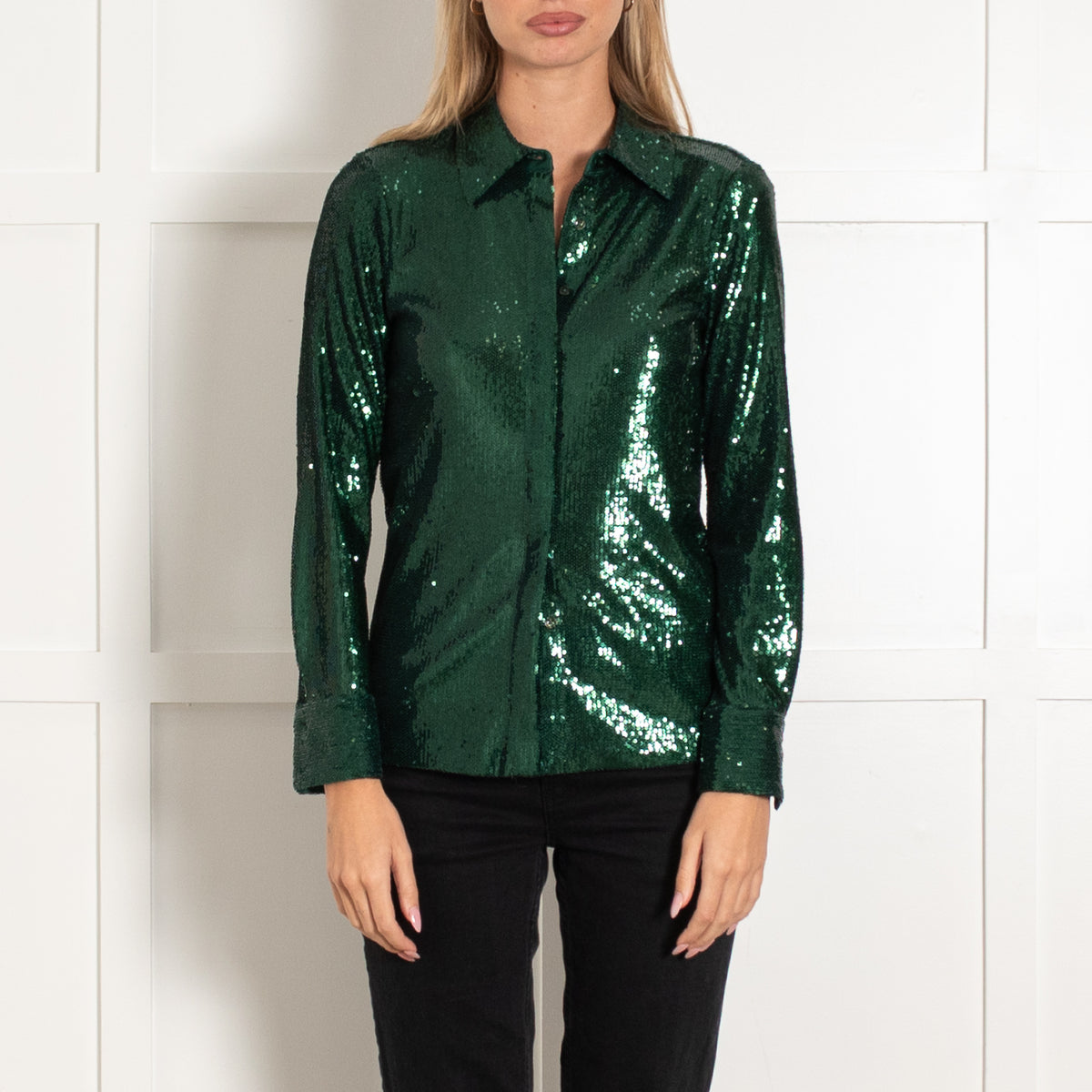 Elie Tahari Green Sequined Long-Sleeve Buttoned Blouse