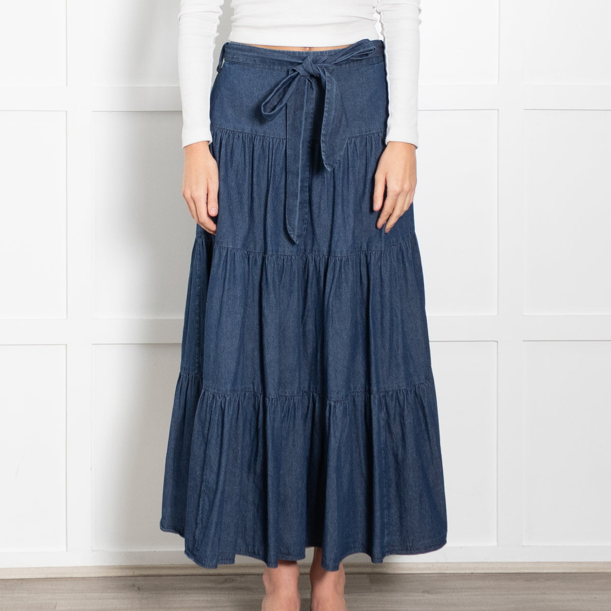 Kate Spade Blue Denim Tired Belted Maxi Skirt