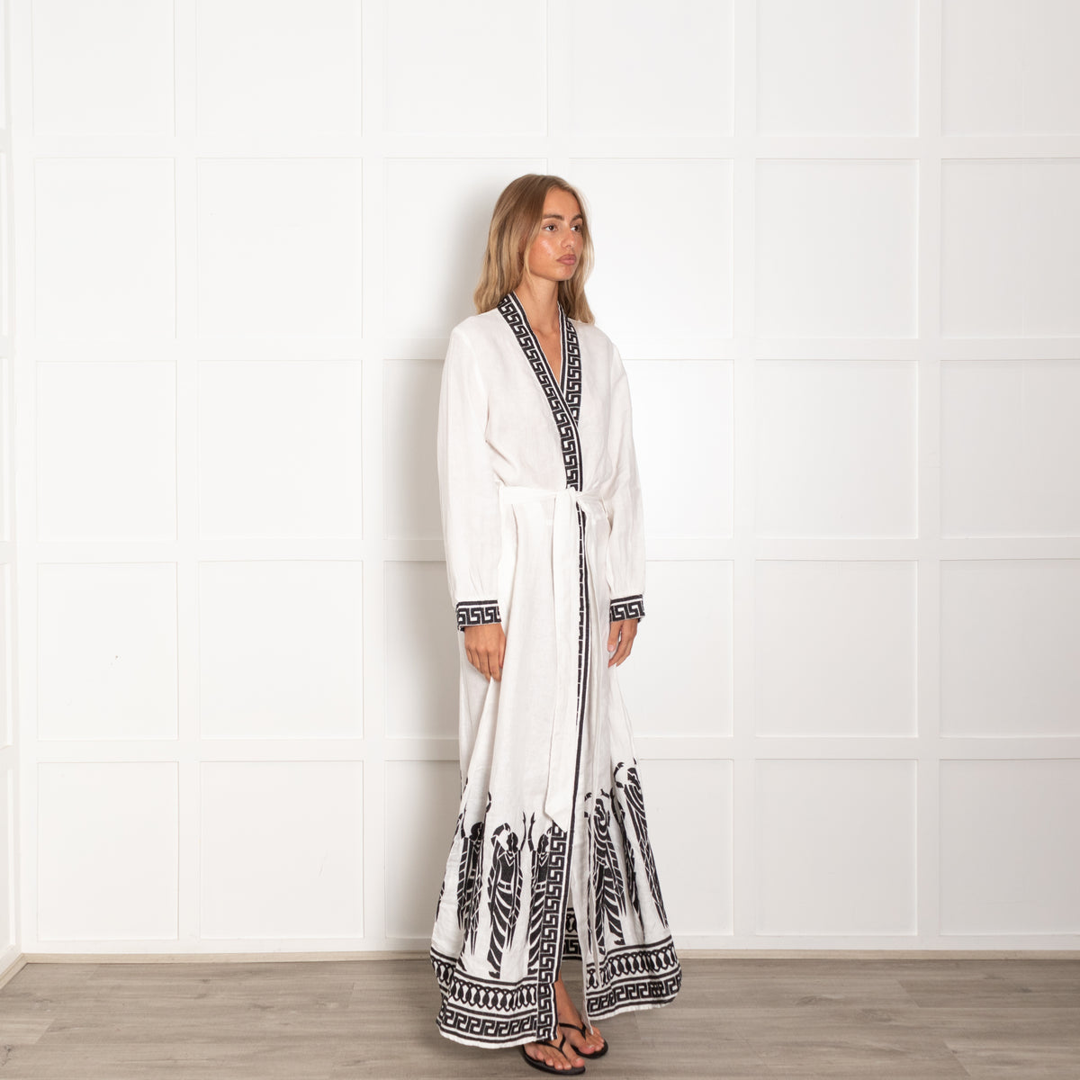 Greek Archaic Kori White Black Embroidery Maxi Kaftan Dress