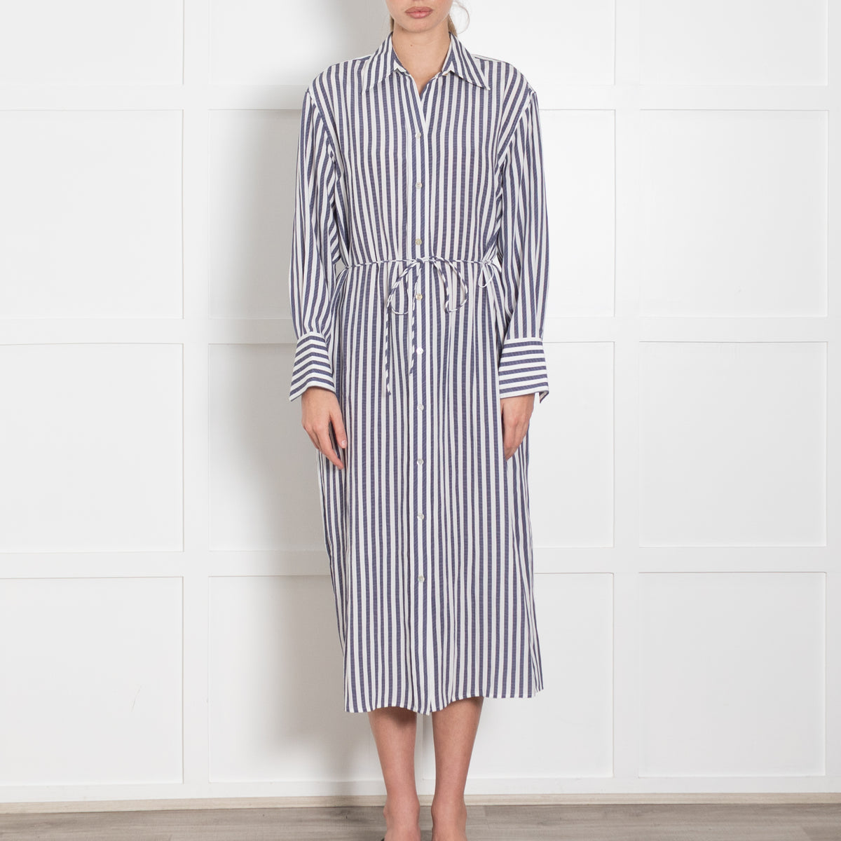 Vince White Blue Coast Striped Belted Shirt Dress