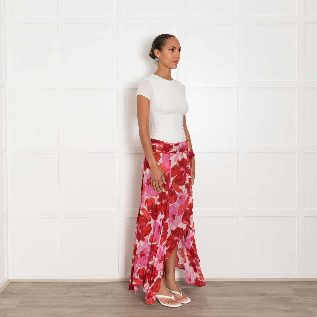 Evarae Pink and Red Floral Crepe Wrap Skirt
