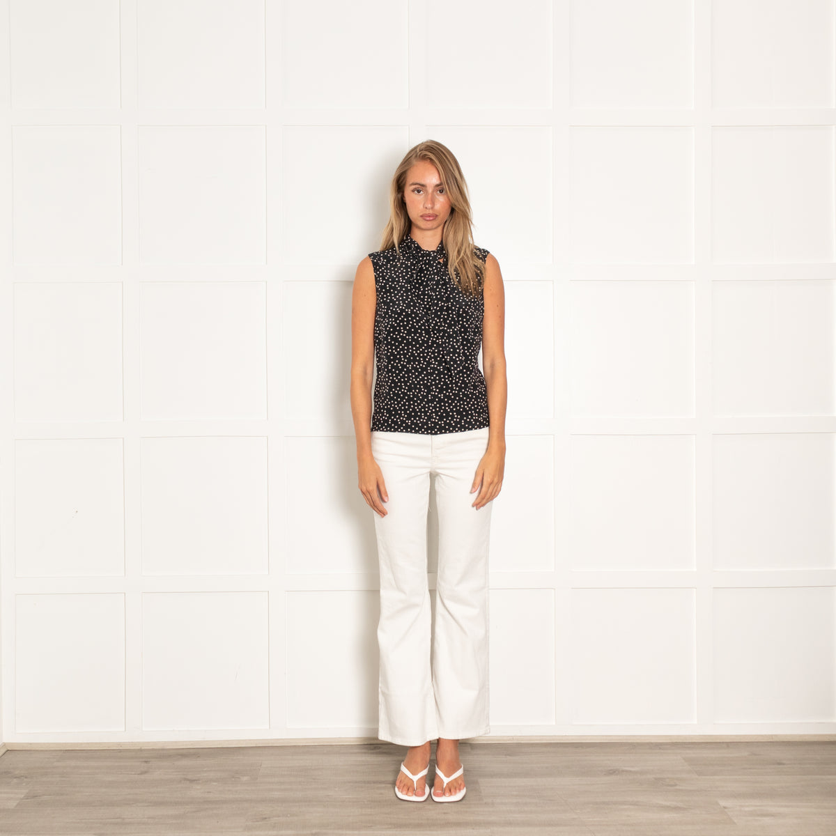 Joseph Black White Polka Dot Tie Front Sleeveless Blouse