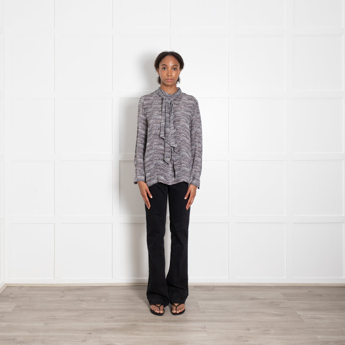 Tory Burch Grey Feather Print Top With Neck Tie