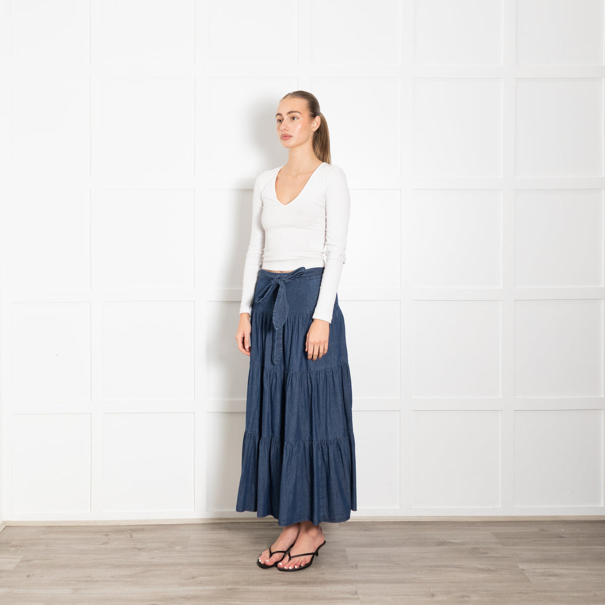 Kate Spade Blue Denim Tired Belted Maxi Skirt
