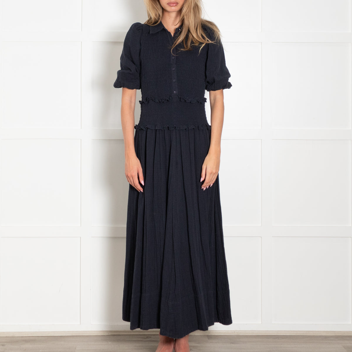 Me + Em Navy Shirred Collared Maxi Dress
