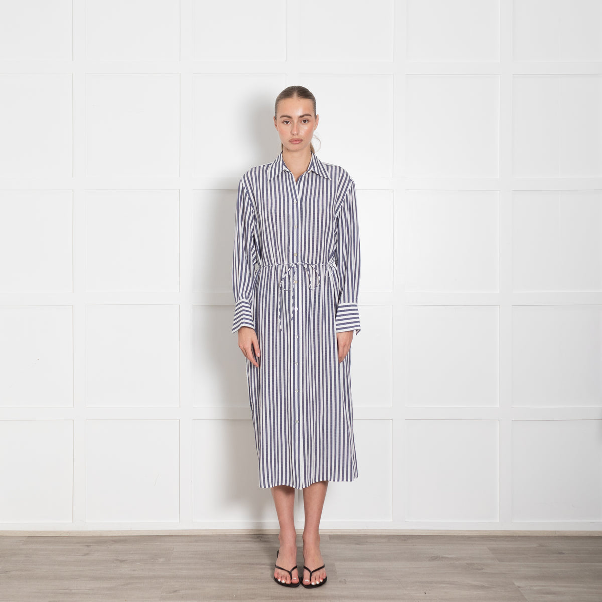 Vince White Blue Coast Striped Belted Shirt Dress
