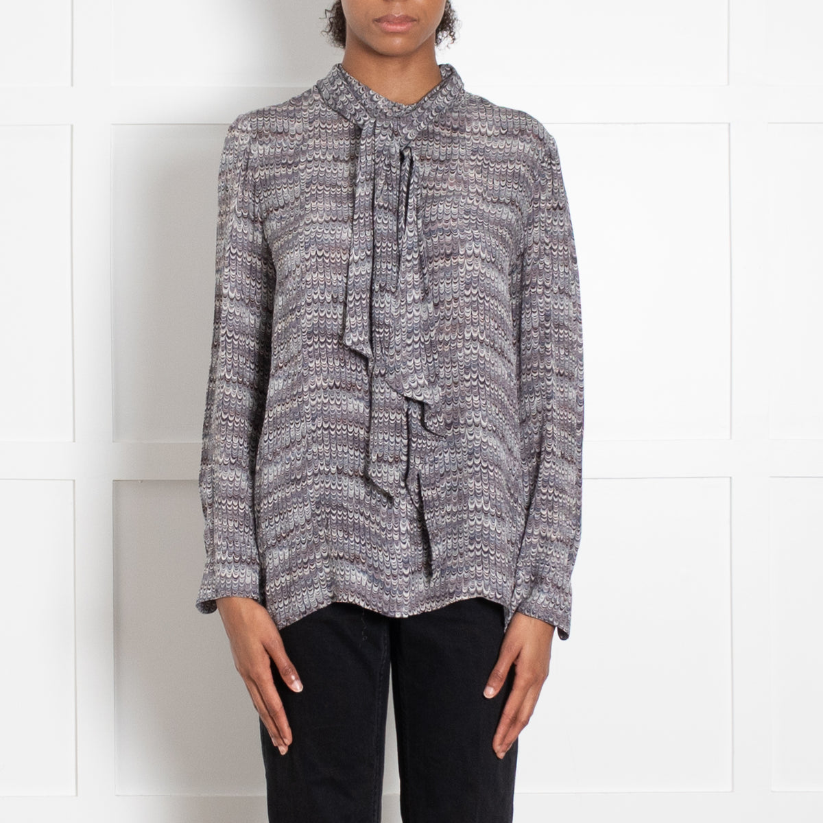 Tory Burch Grey Feather Print Top With Neck Tie