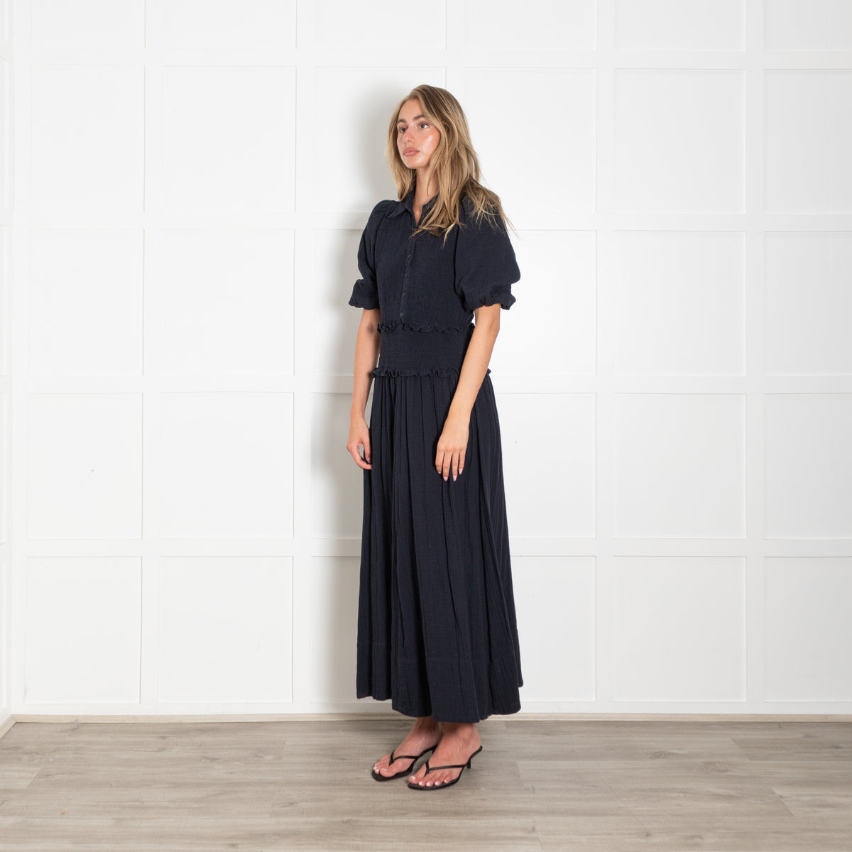 Me + Em Navy Shirred Collared Maxi Dress