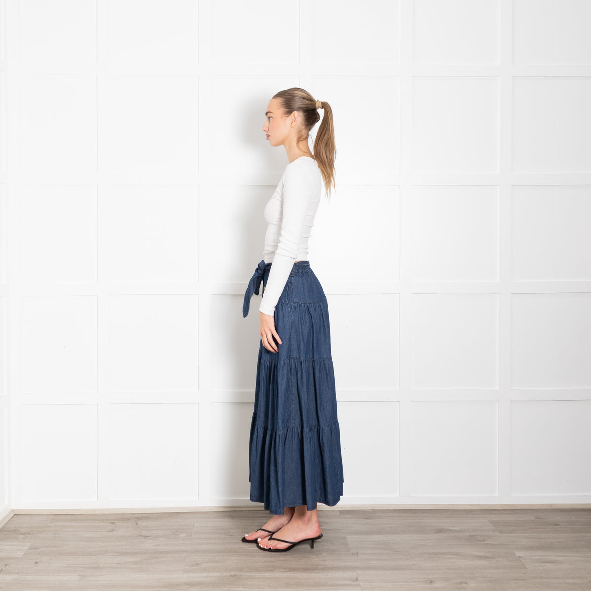 Kate Spade Blue Denim Tired Belted Maxi Skirt