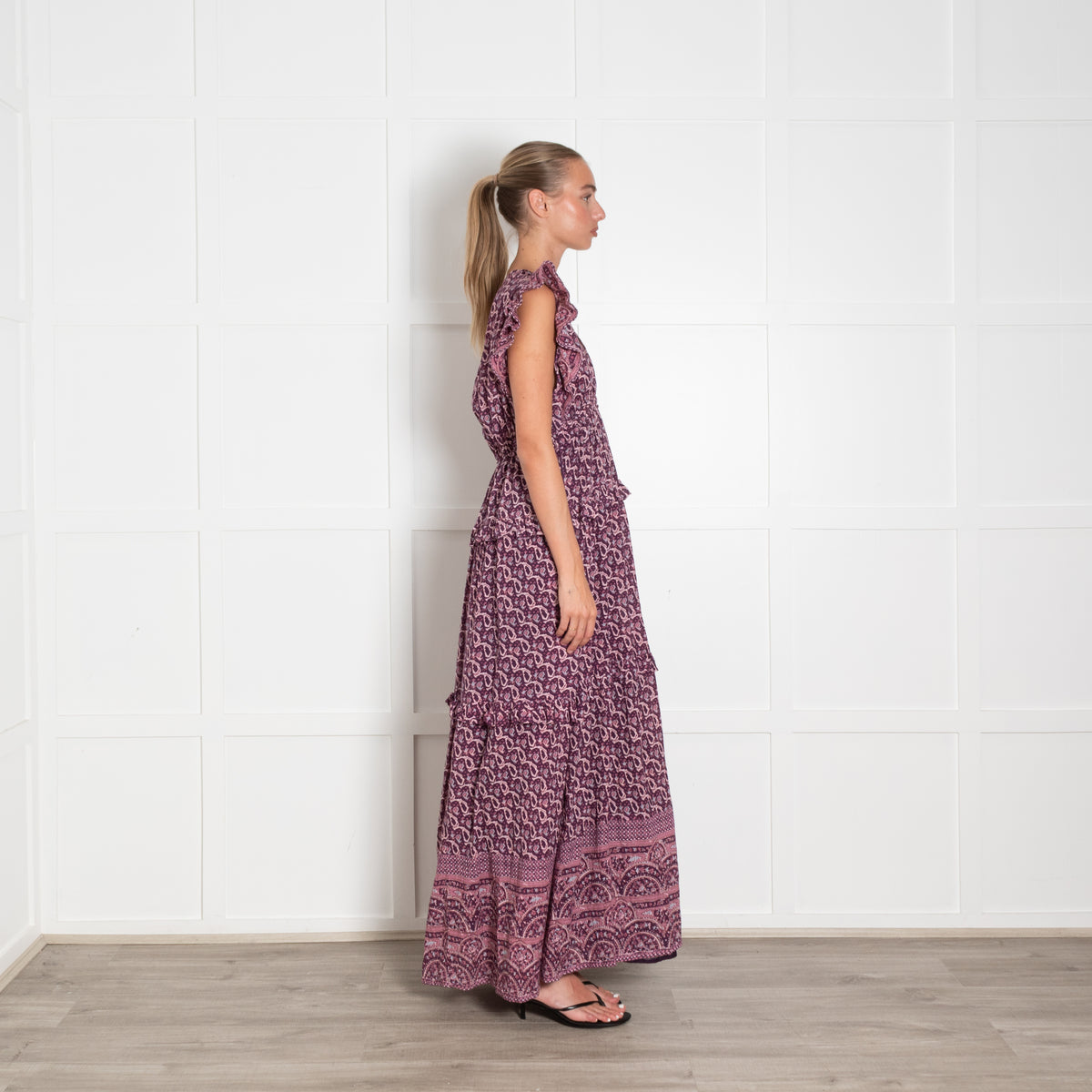 M.A.B.E Purple Cream Paisley Print Frill Detail Maxi Linen Dress