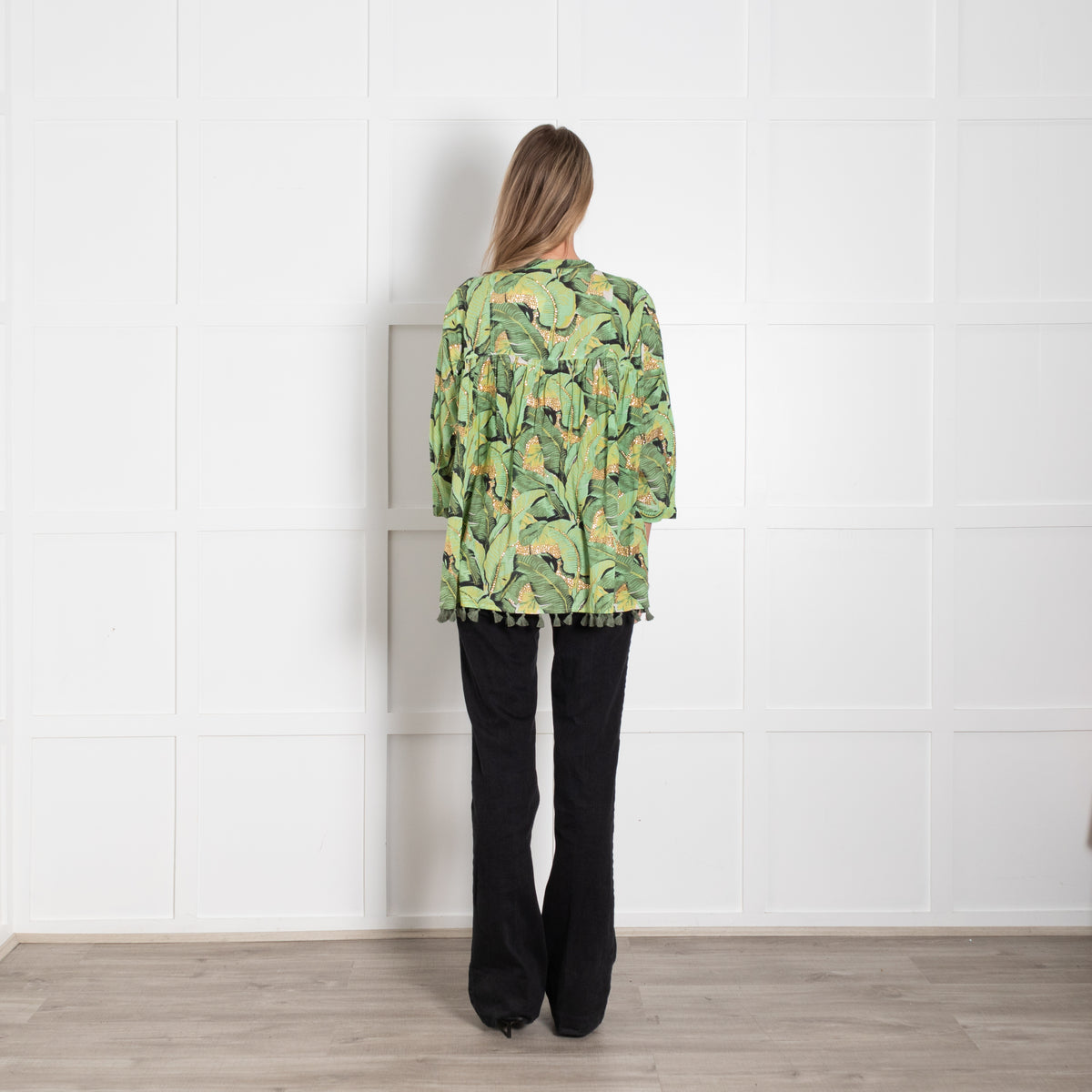 Rose & Rose Green Cotton Leaf Print Top with Gold Embellisment