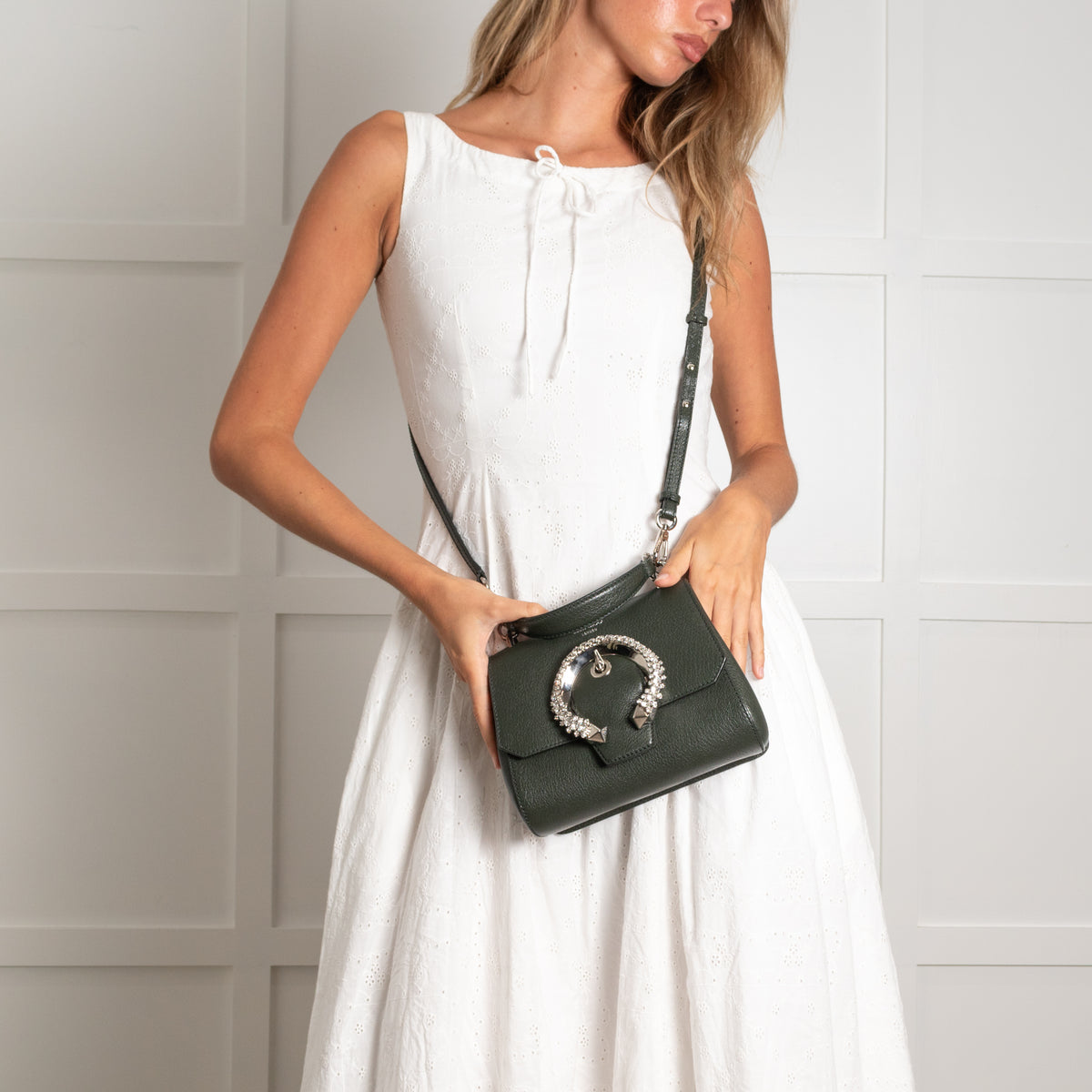 Jimmy Choo Green Leather Madeline Bag with Jewelled Clasp