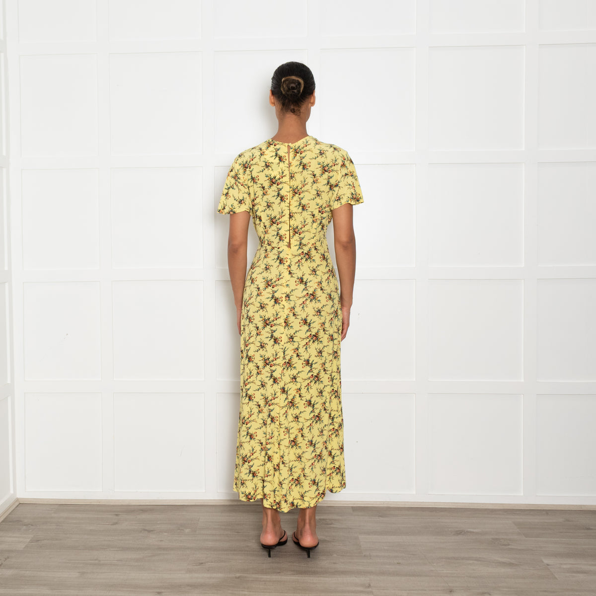 Sandro Yellow Floral Tea Dress with Cap Sleeves