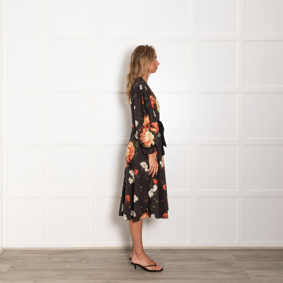 Erdem Black Red White Floral Belted Long Sleeve Dres