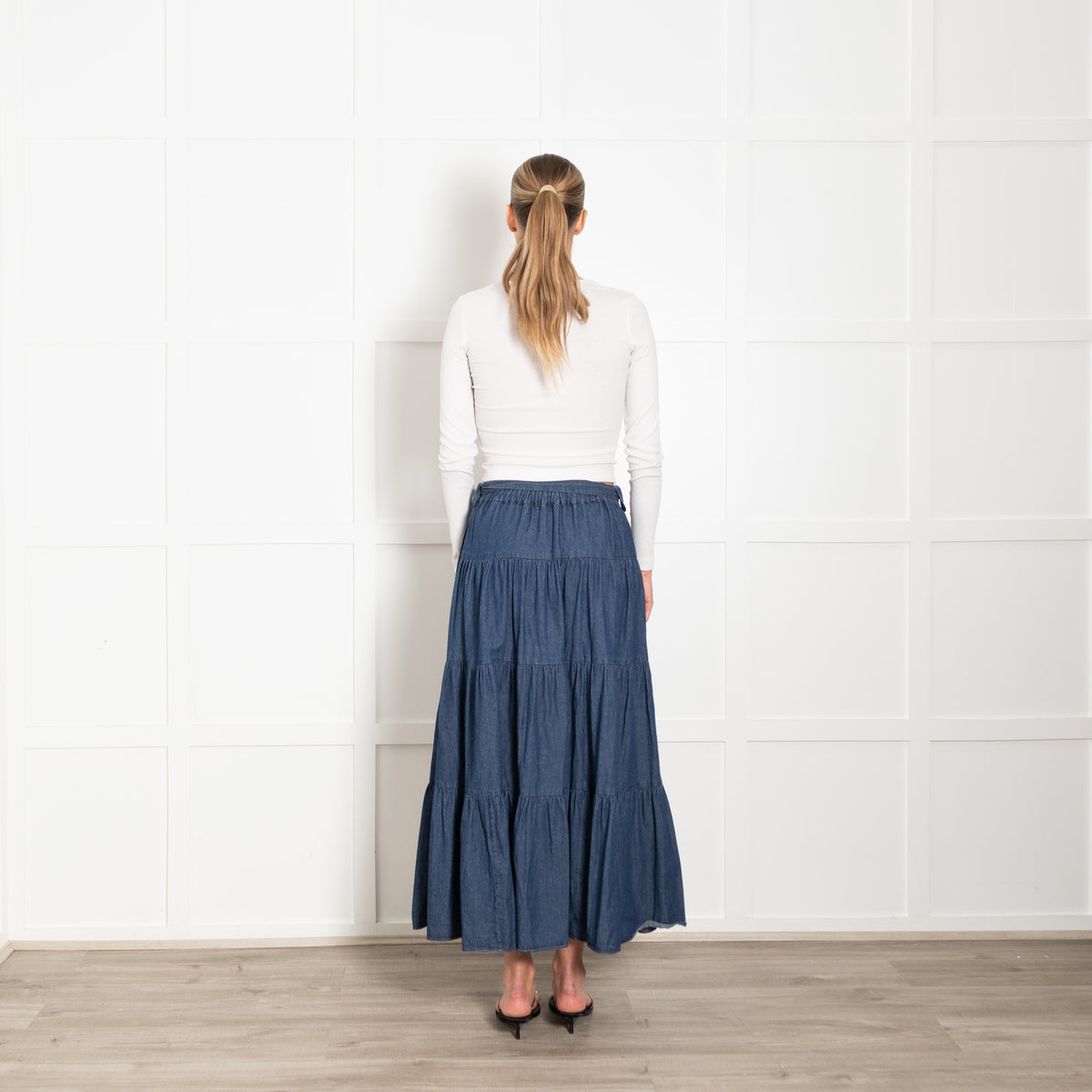 Kate Spade Blue Denim Tired Belted Maxi Skirt