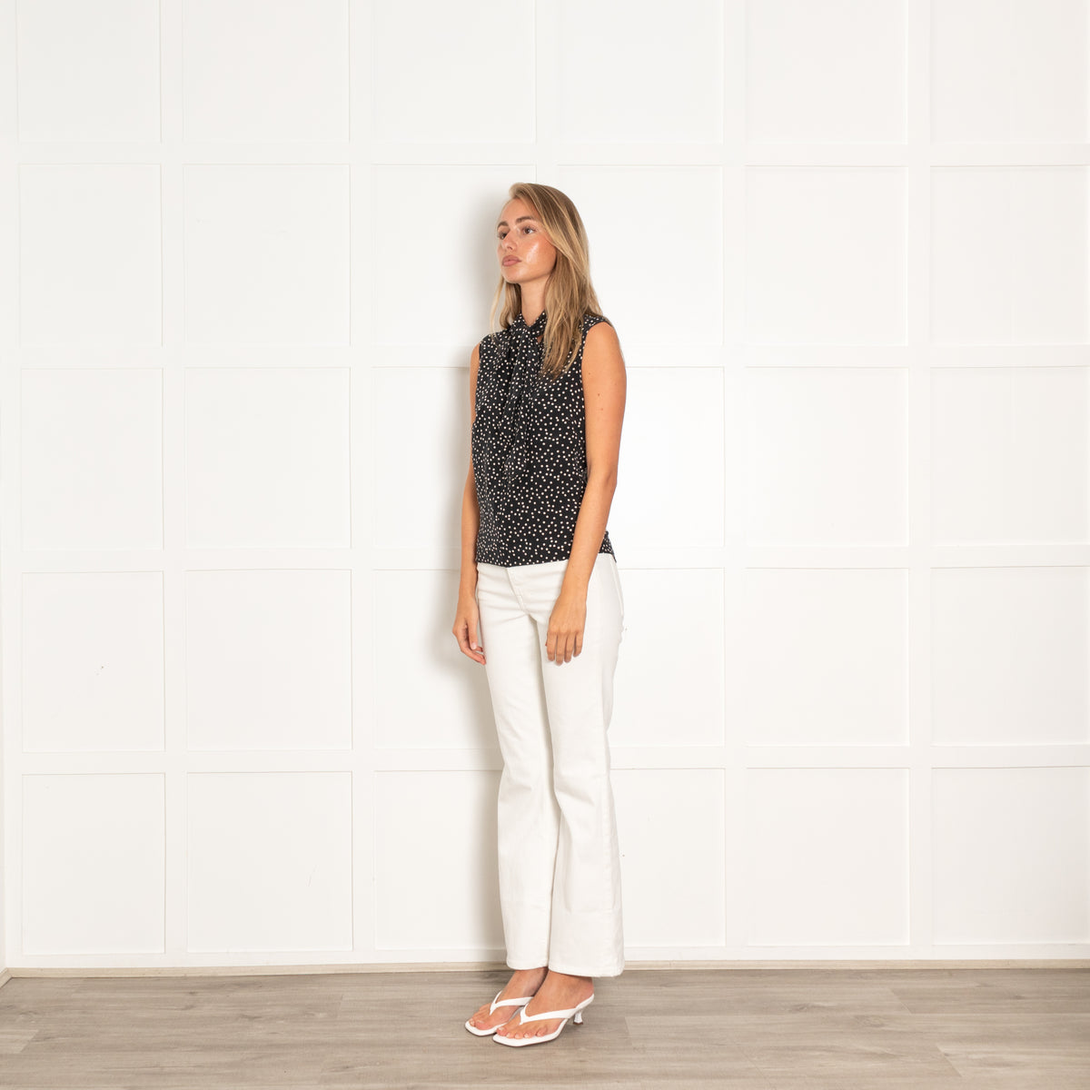 Joseph Black White Polka Dot Tie Front Sleeveless Blouse