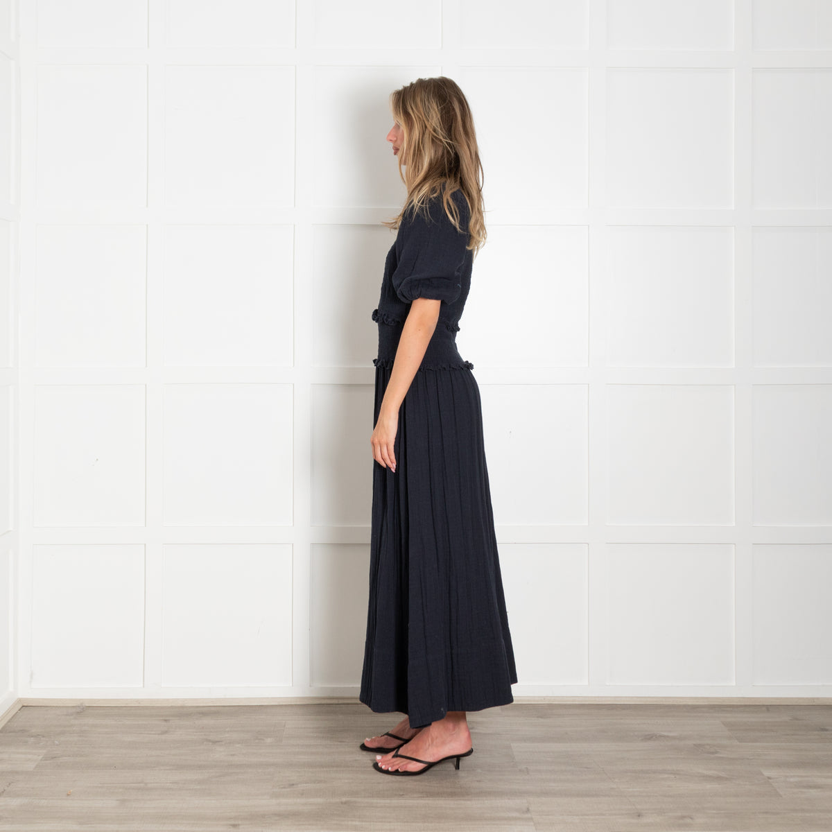 Me + Em Navy Shirred Collared Maxi Dress