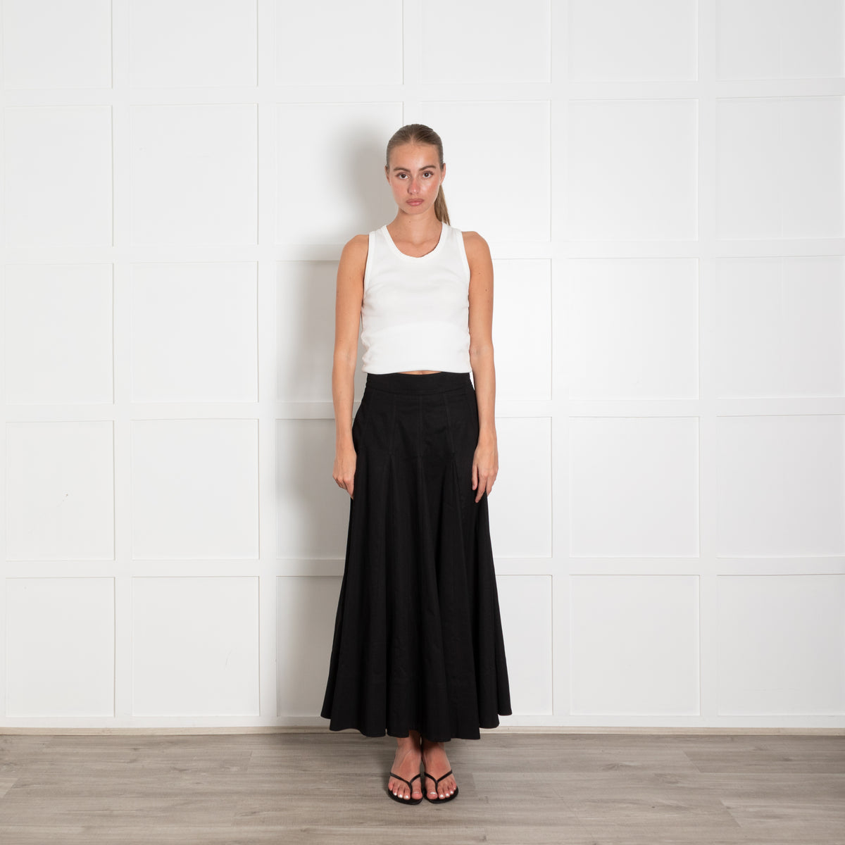 Me + Em Black Cotton Pleated Maxi Skirt