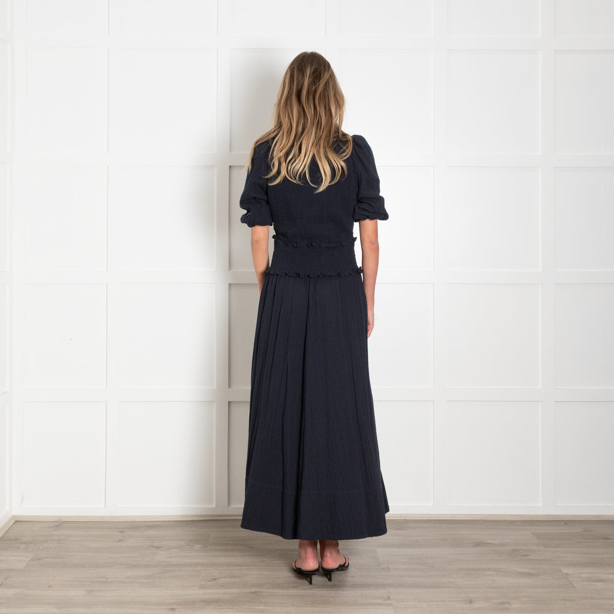 Me + Em Navy Shirred Collared Maxi Dress