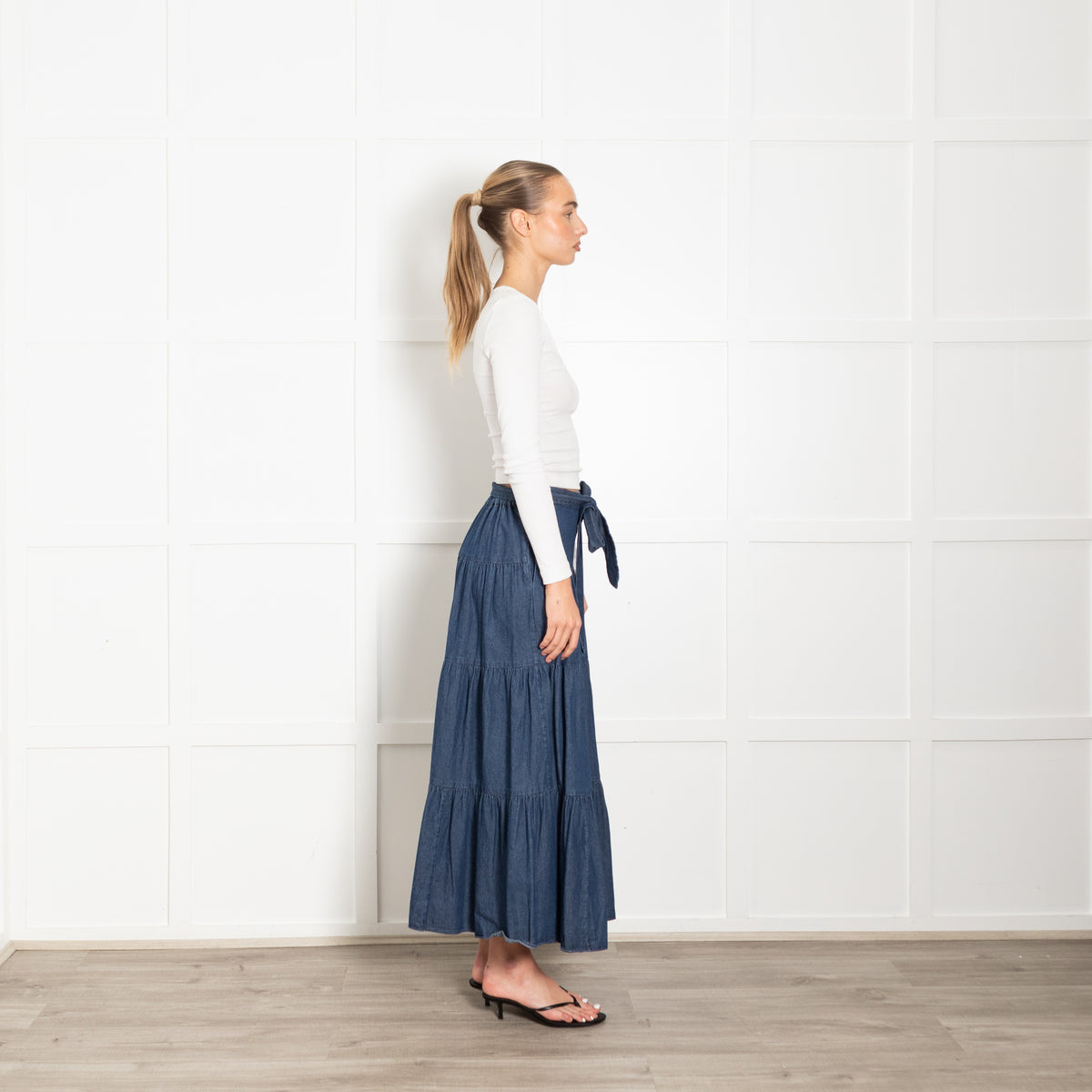 Kate Spade Blue Denim Tired Belted Maxi Skirt