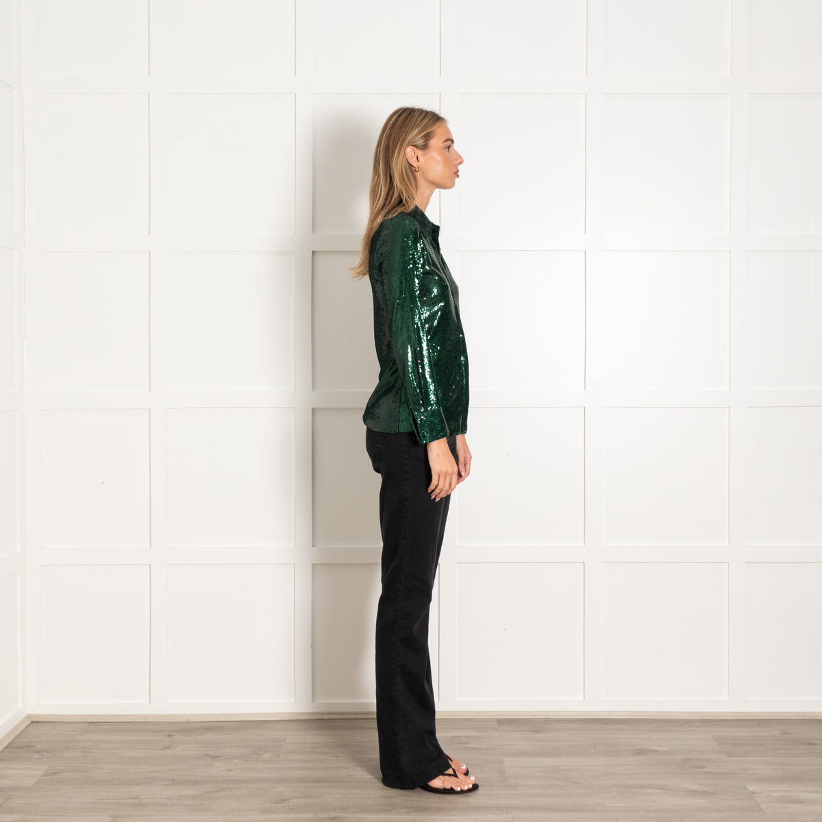 Elie Tahari Green Sequined Long-Sleeve Buttoned Blouse