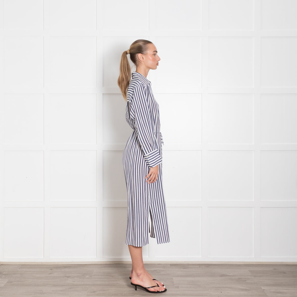 Vince White Blue Coast Striped Belted Shirt Dress