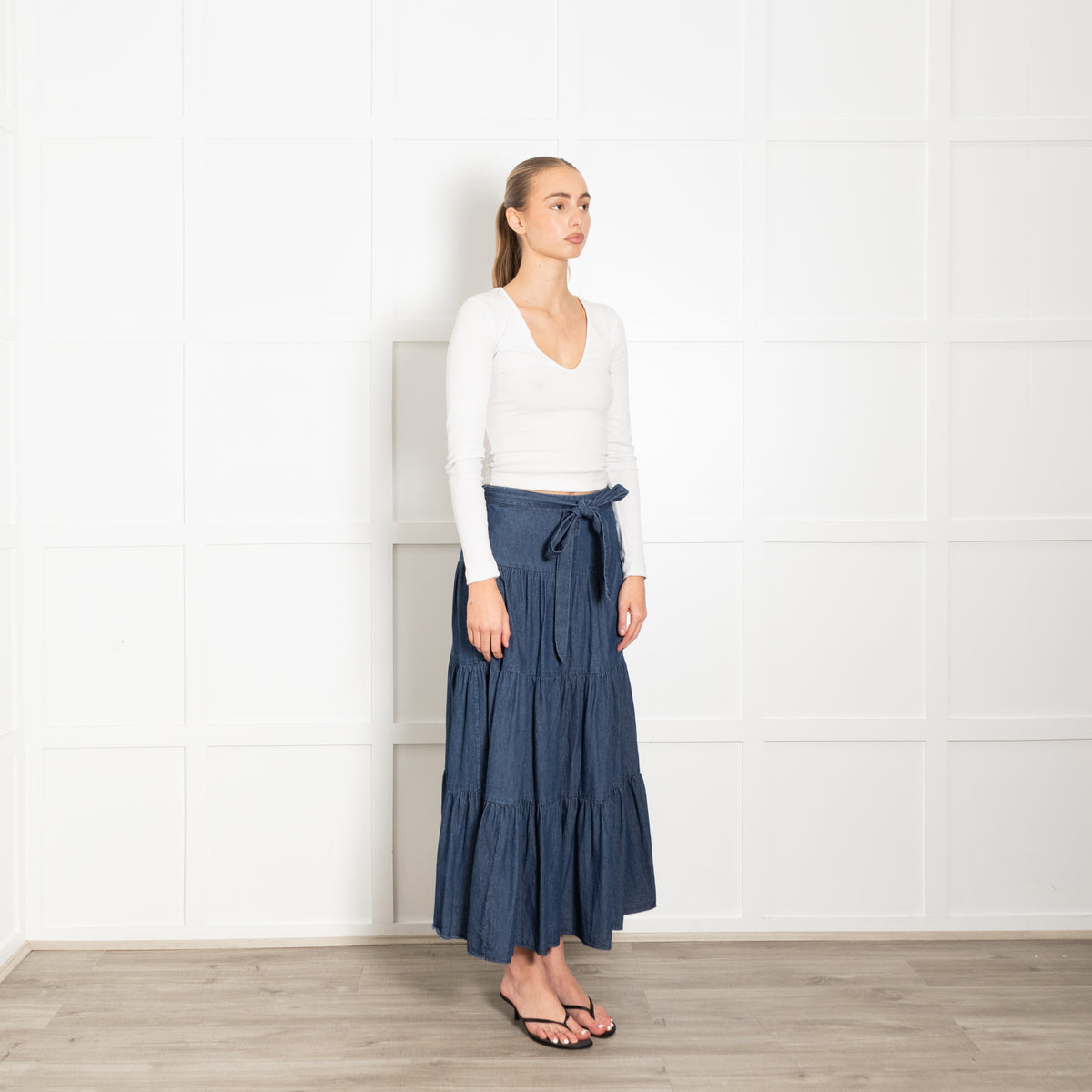 Kate Spade Blue Denim Tired Belted Maxi Skirt