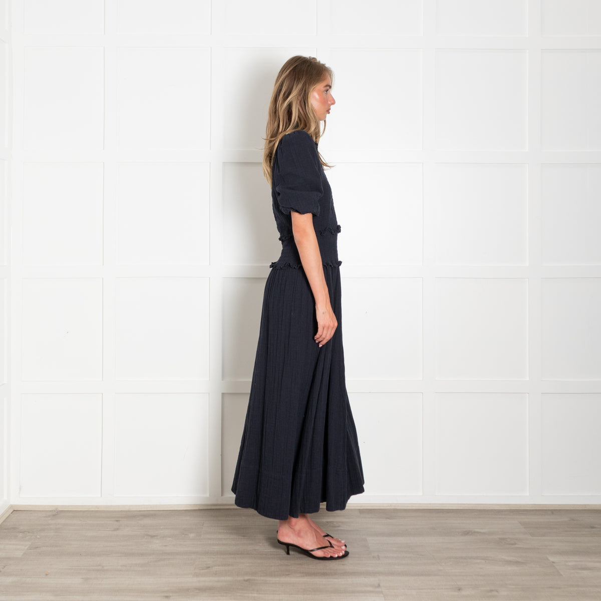Me + Em Navy Shirred Collared Maxi Dress
