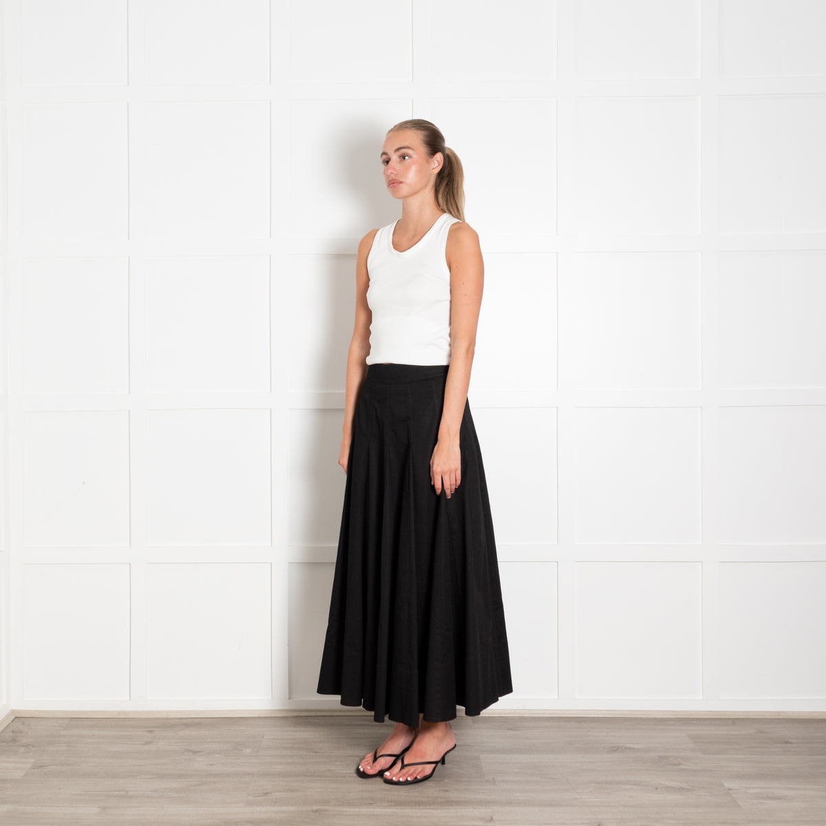 Me + Em Black Cotton Pleated Maxi Skirt