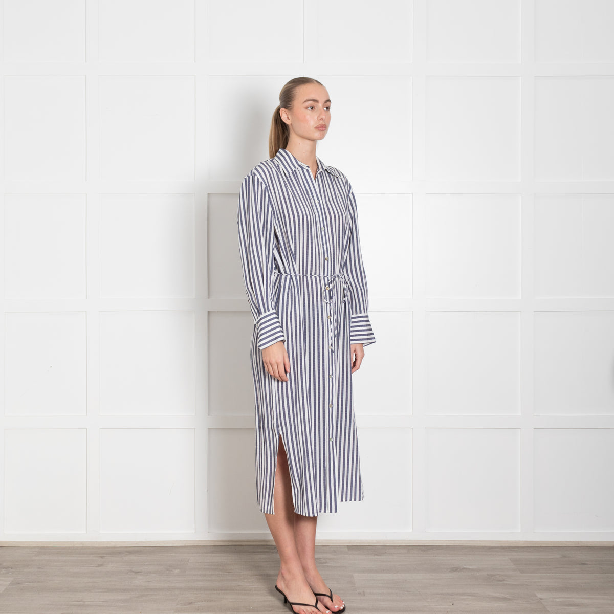 Vince White Blue Coast Striped Belted Shirt Dress