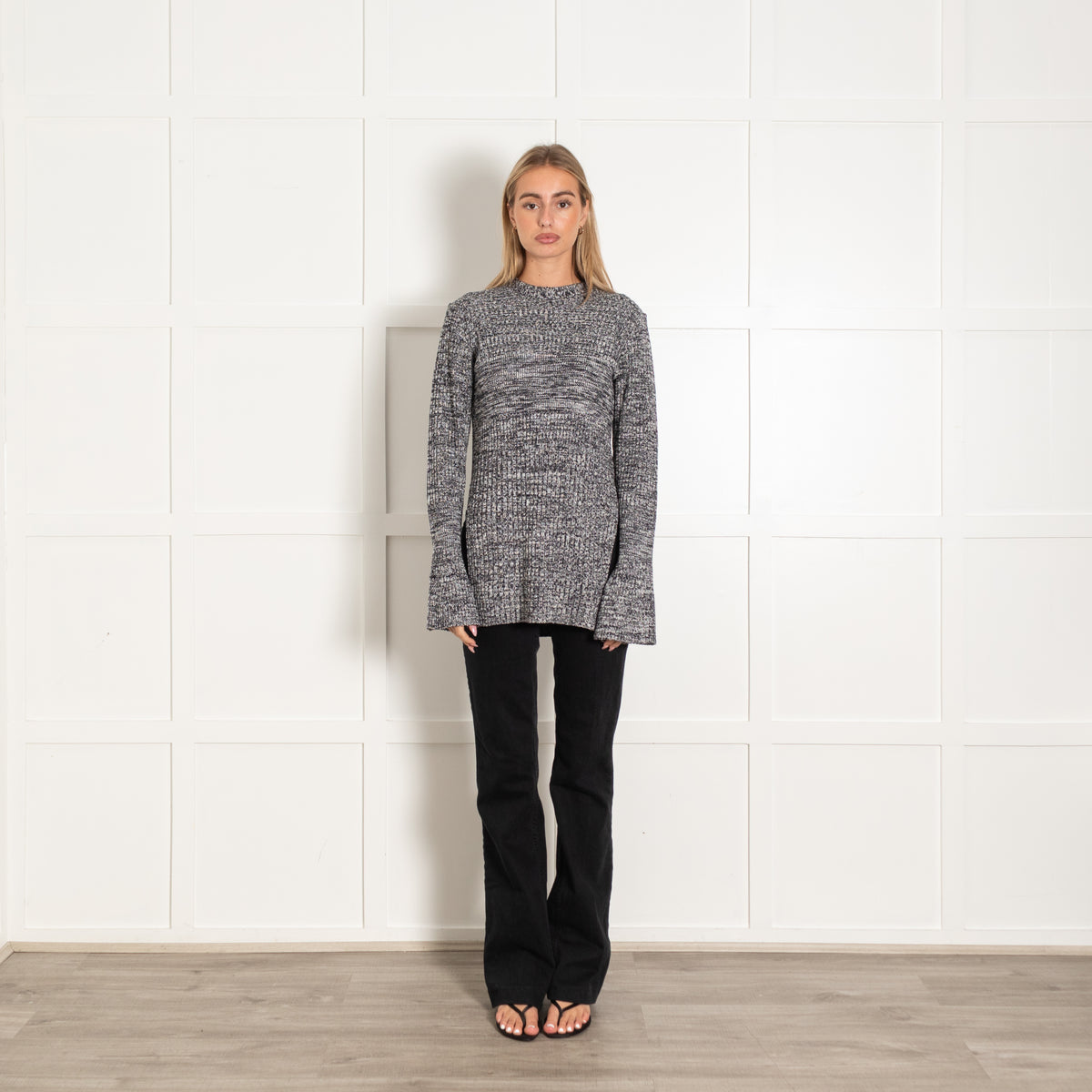 Victoria by Victoria Beckham Black and White Ribbed Side Slit Long Jumper