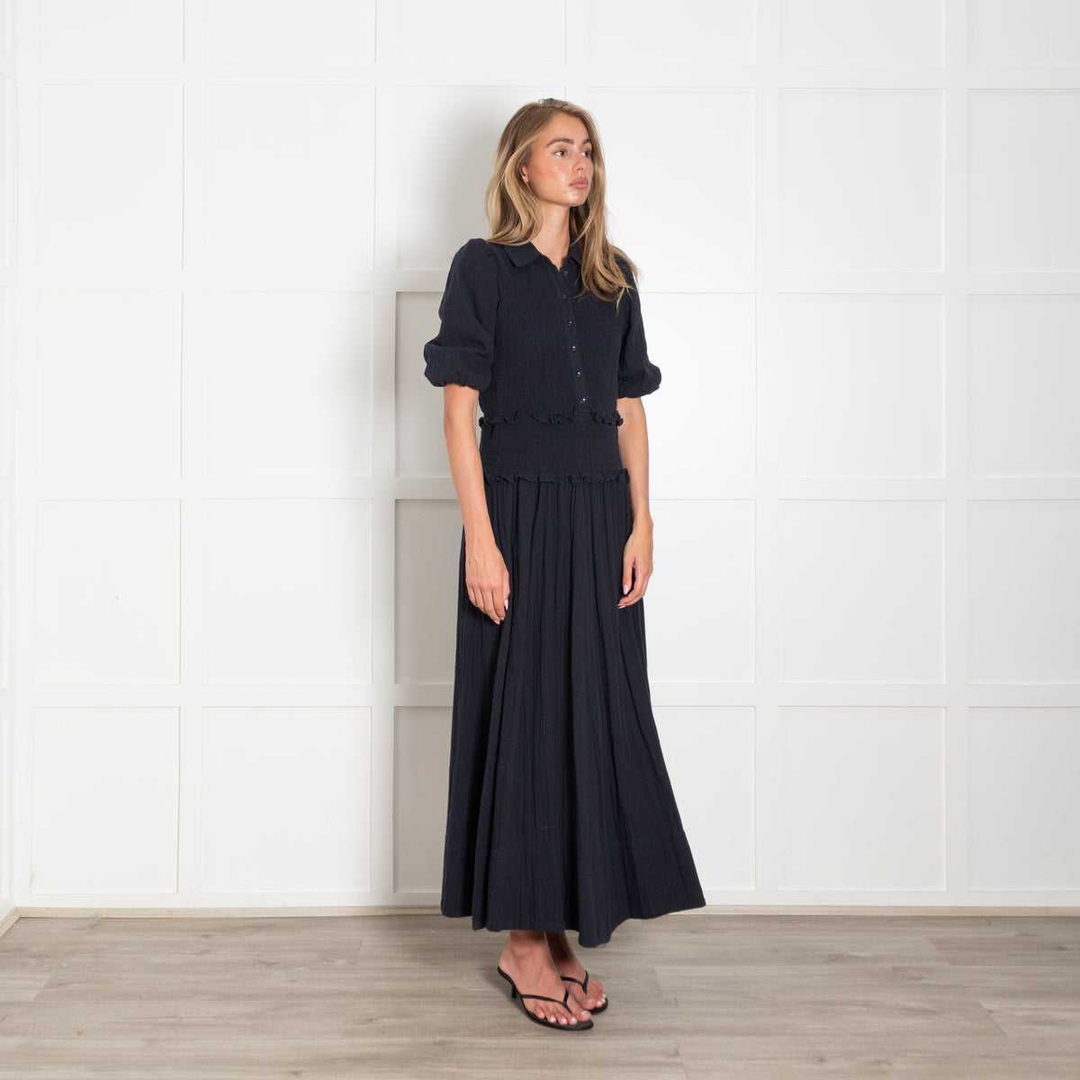 Me + Em Navy Shirred Collared Maxi Dress