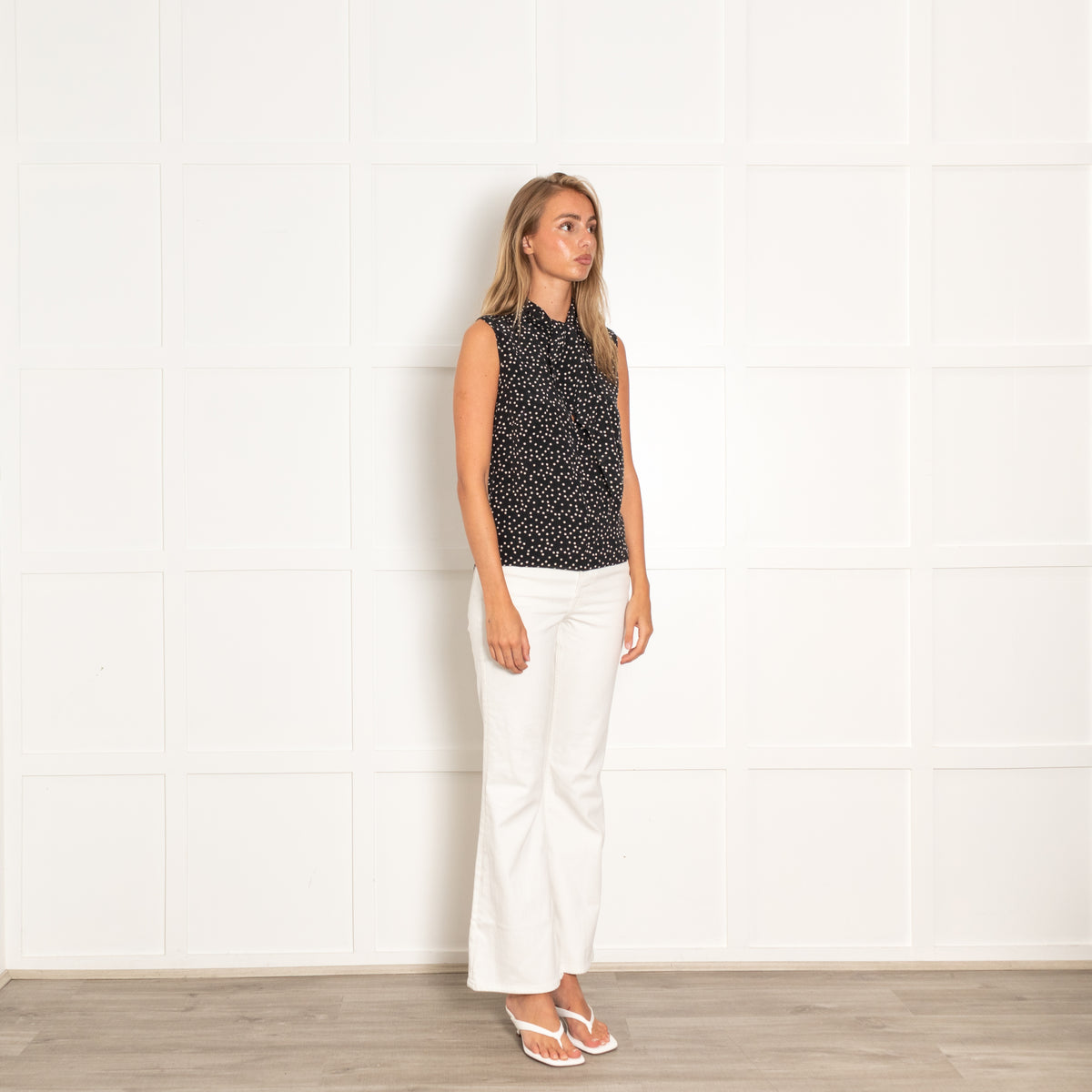 Joseph Black White Polka Dot Tie Front Sleeveless Blouse