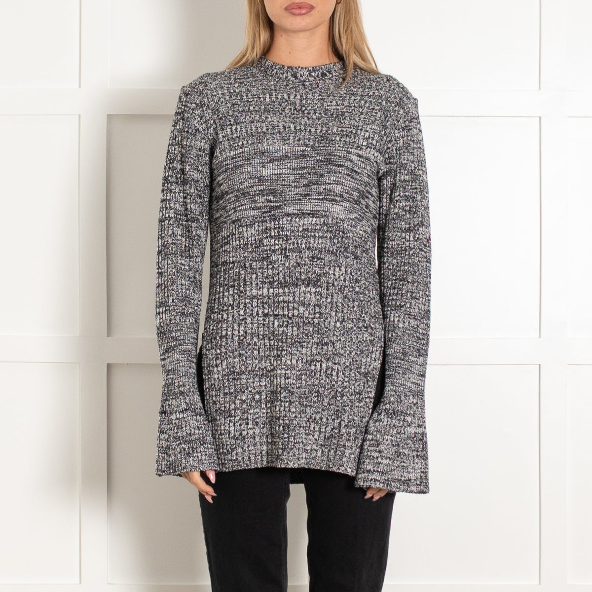Victoria by Victoria Beckham Black and White Ribbed Side Slit Long Jumper