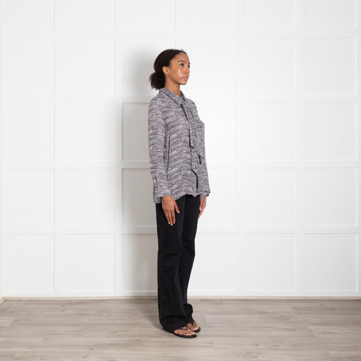 Tory Burch Grey Feather Print Top With Neck Tie