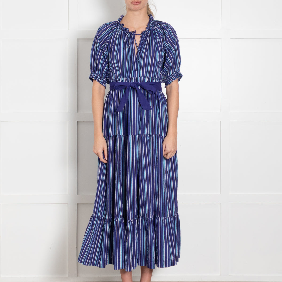 Mii Purple Blue Striped Tiered Cotton Belted Maxi Dress