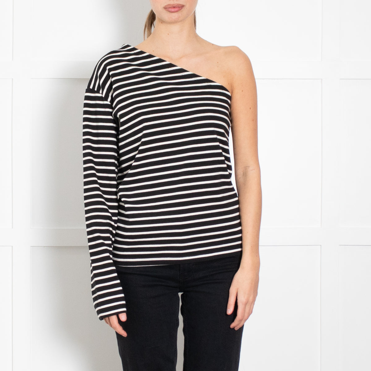 The Frankie Shop Navy White Striped One Shoulder T-Shirt