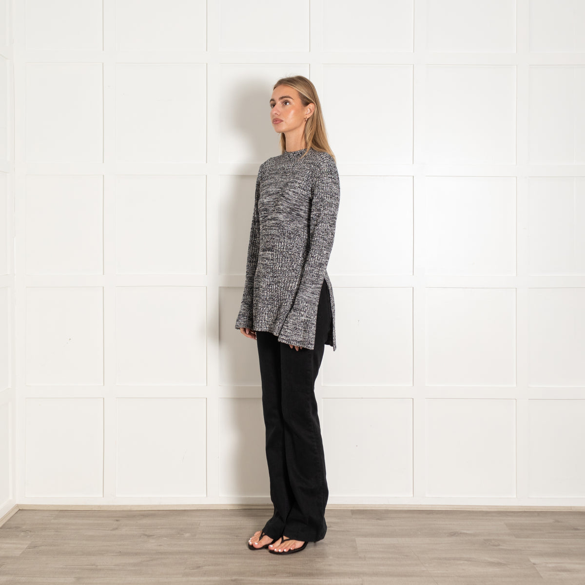 Victoria by Victoria Beckham Black and White Ribbed Side Slit Long Jumper