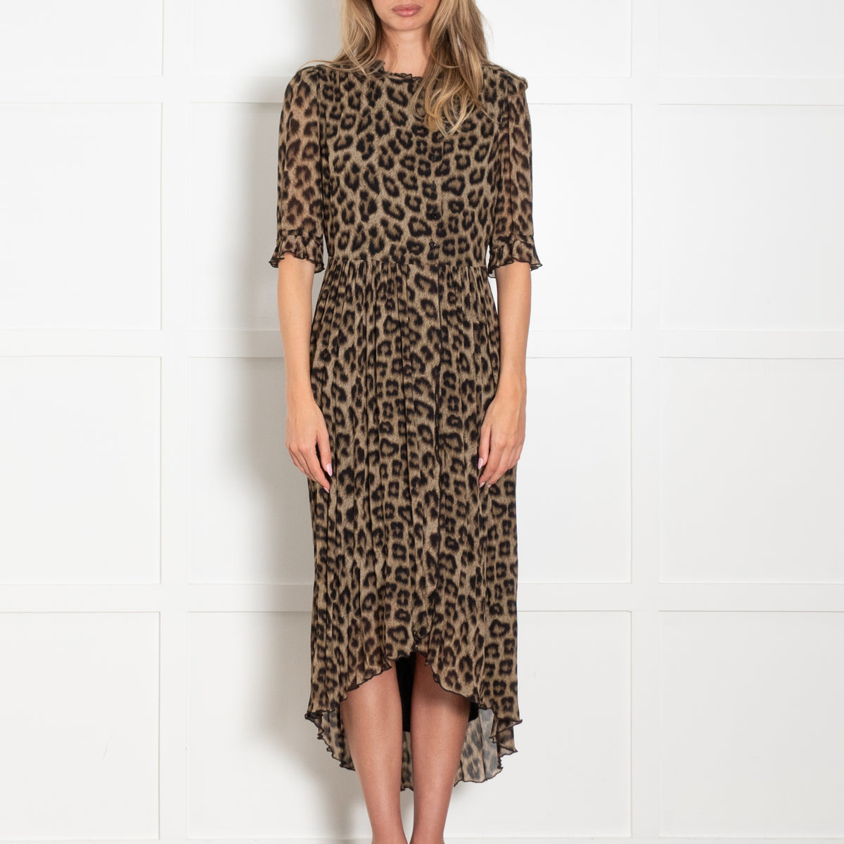 BA&SH Brown Leopard Print Dress With 3/4 Sleeves