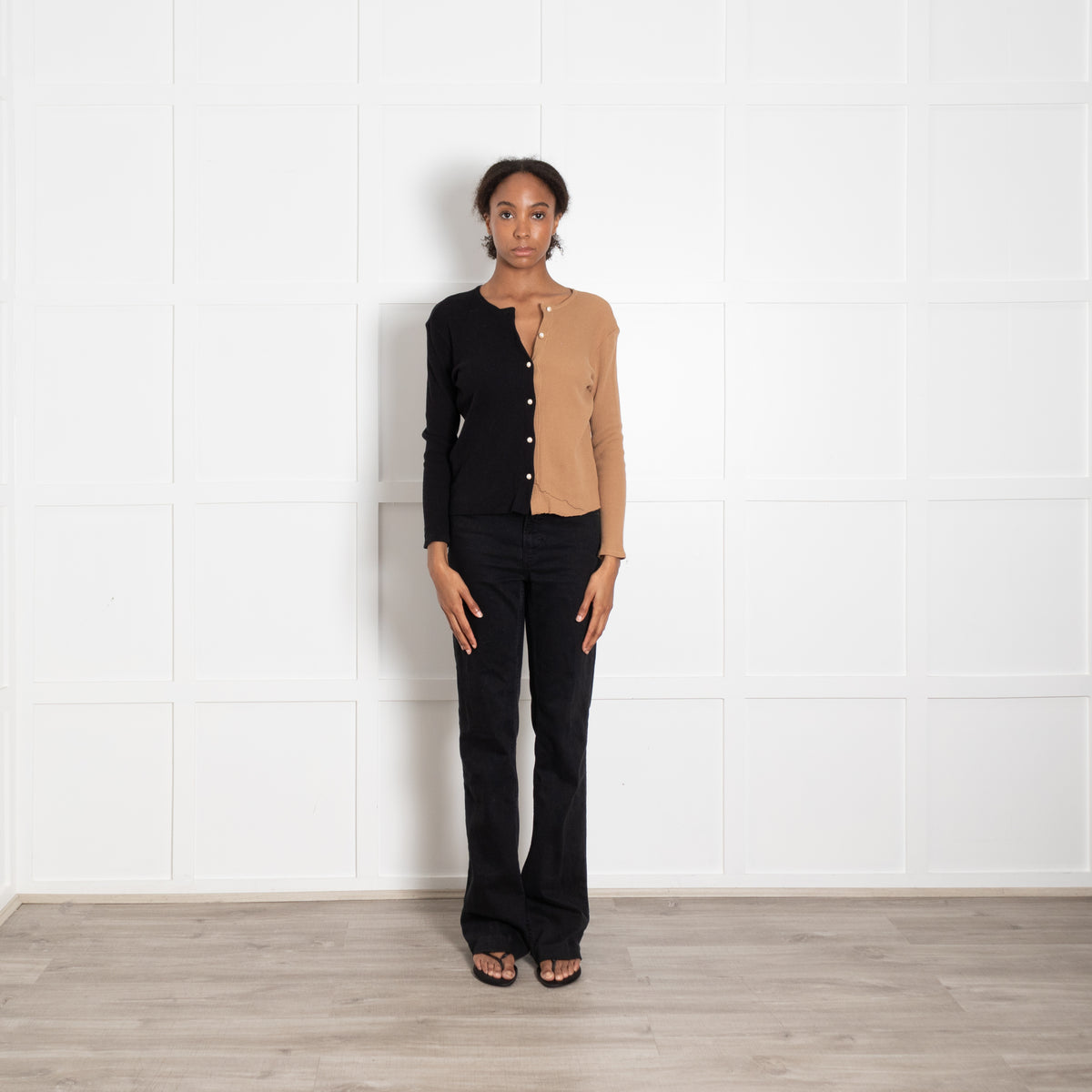 DONNI Black And Tan Half And Half Top With Pearl Buttons