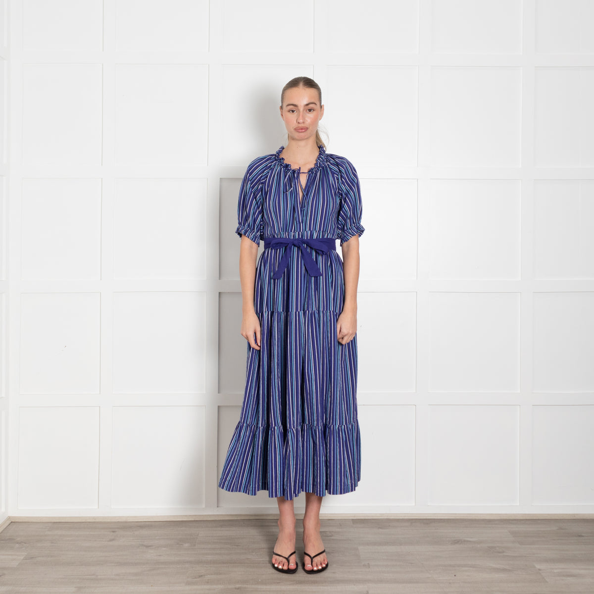Mii Purple Blue Striped Tiered Cotton Belted Maxi Dress