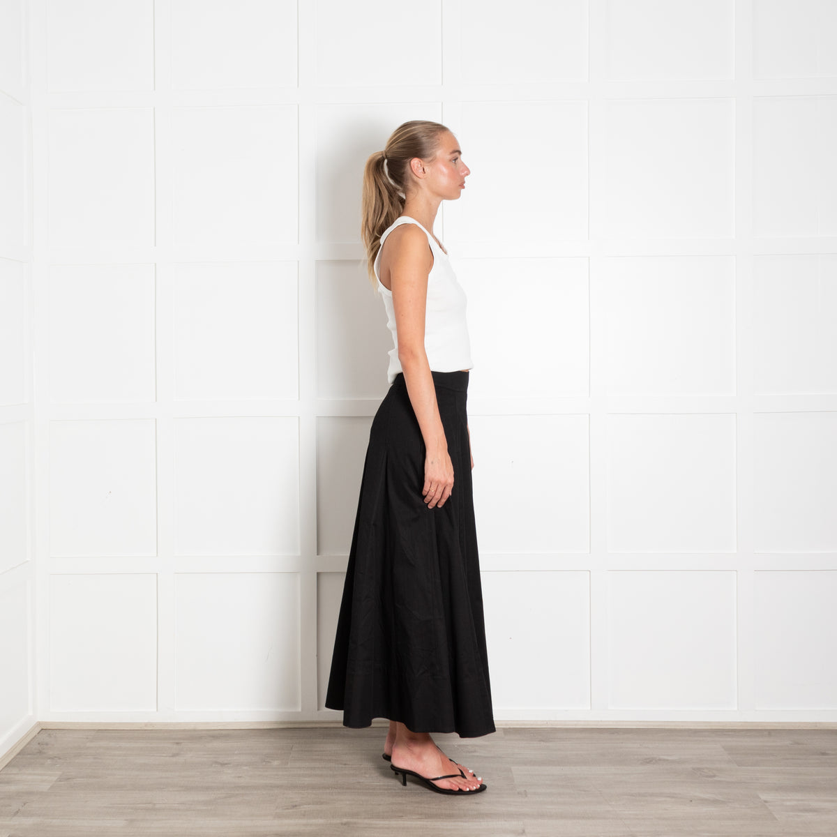 Me + Em Black Cotton Pleated Maxi Skirt
