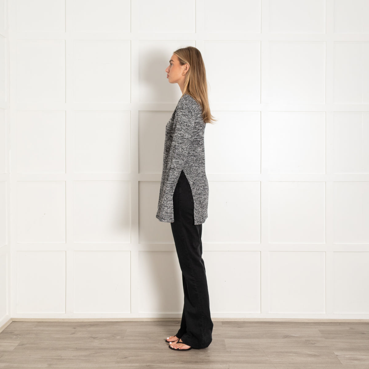 Victoria by Victoria Beckham Black and White Ribbed Side Slit Long Jumper