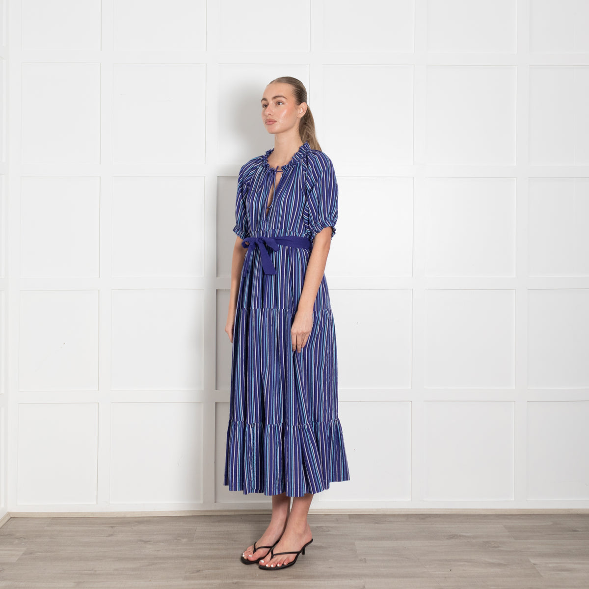 Mii Purple Blue Striped Tiered Cotton Belted Maxi Dress
