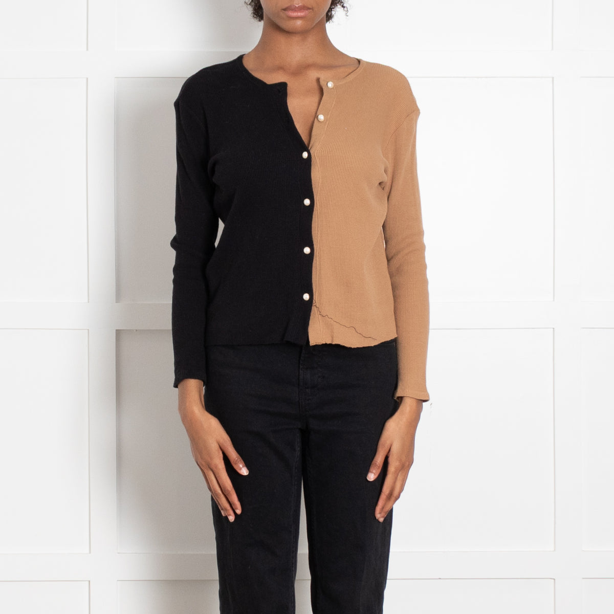 DONNI Black And Tan Half And Half Top With Pearl Buttons