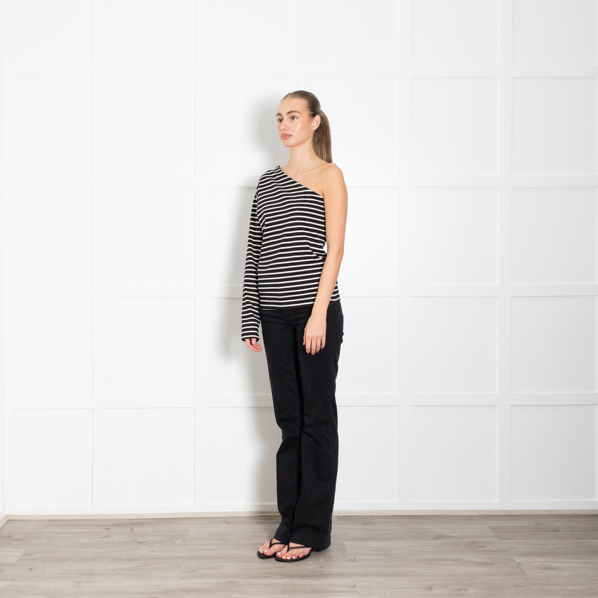 The Frankie Shop Navy White Striped One Shoulder T-Shirt